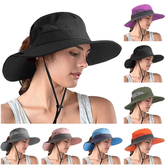 dgysar Ponytail Sun Hat 22in Women's UPF 50  Wide Bucket Hat Foldable Mesh Fishing Cap with Neck Protection for Hiking Garden Farming Black 21-23in Cir
