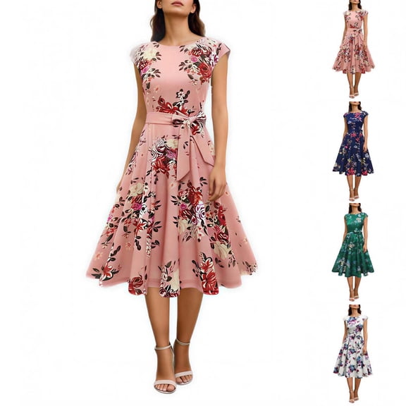 Xaqiouau Womens Floral Midi Dress Cap Sleeve Casual Summer A Line Dress Crew Neck Fit and Flare Belted Party Wedding Guest Dress