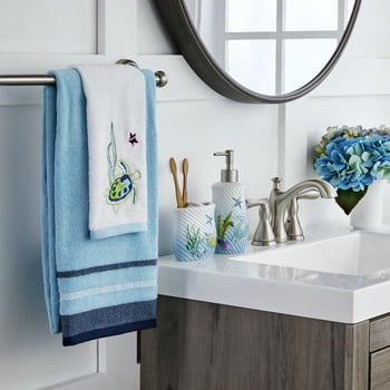 Mainstays 2 Piece Cotton Bath and Hand Towel Set, Watercolor Ocean, White, Blue