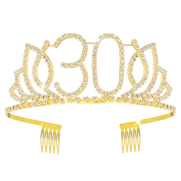 KAKOWELY 1 tiara de cumpleaños número 30 para niña con cristales y diamantes de imitación, corona de reina, diadema con peines para el pelo, para decoración de fiesta de graduación (dorada)