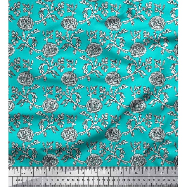 Soimoi Poly Georgette Fabric Leaves & Floral Block Print Fabric by Yard 42 Inch Wide