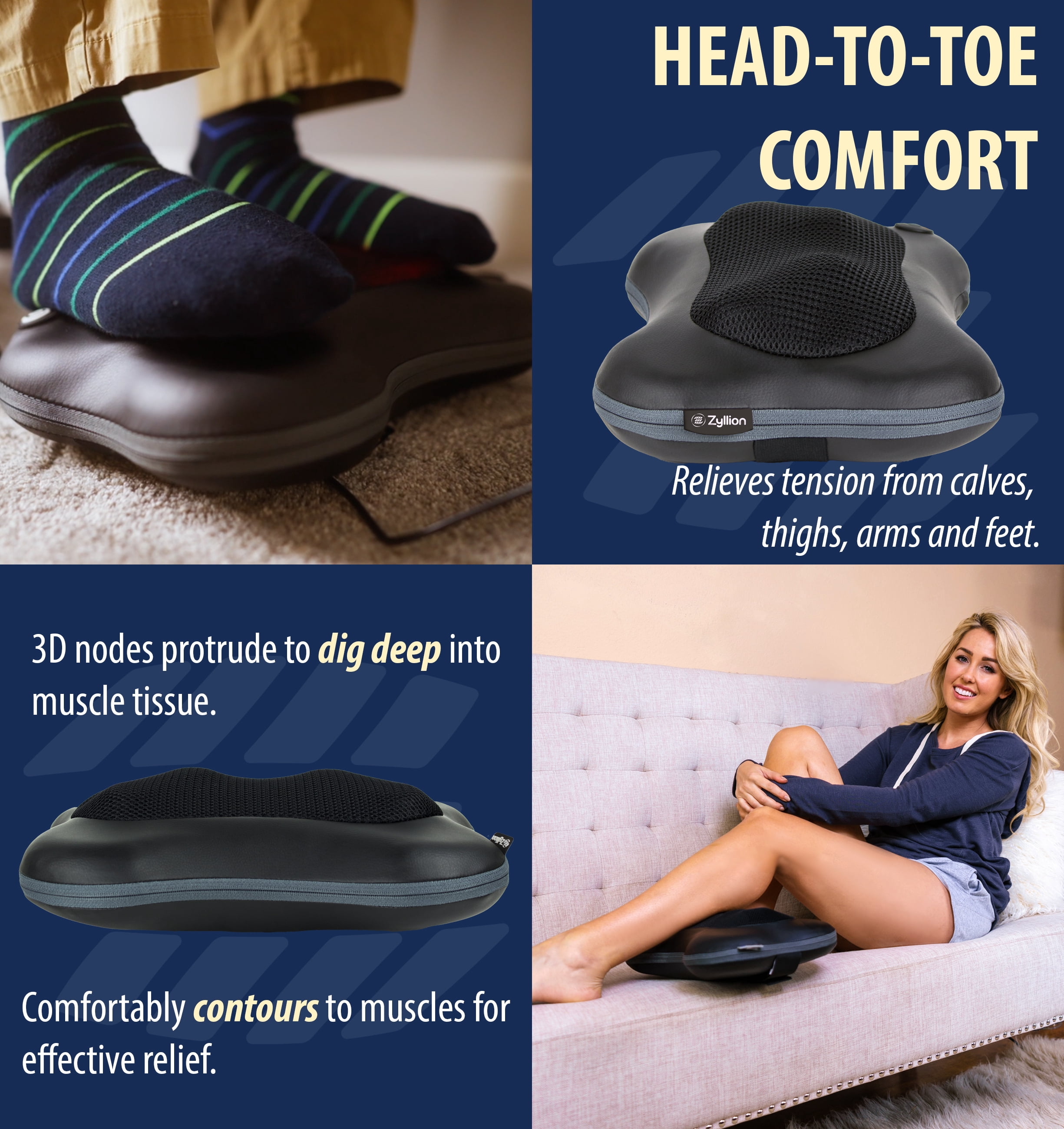 Zyllion Rechargeable Shiatsu Back & Neck Massager 3D Kneading Cordless Massage Pillow with Heat for Muscle Pain, Black