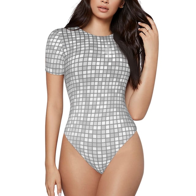 Fotbe Silver Mosaic Body de Mujer con Cuello Redondo y Mangas Cortas, Sin Mangas Ajustado, Suave, Cómodo y Básico-Large