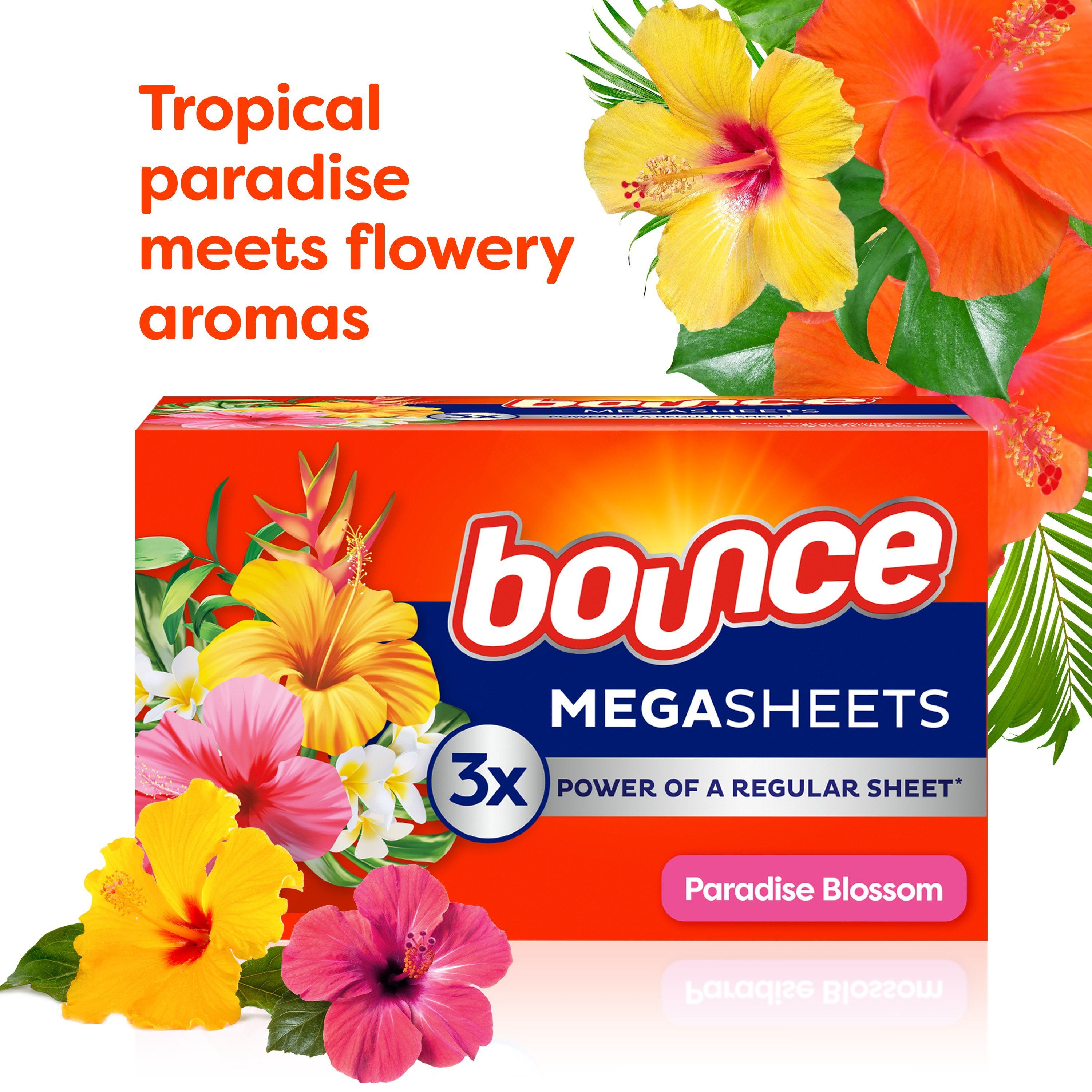 Bounce Mega Dryer Sheets, Paradise Blossom, Mega Fabric Softener Sheets with Static Control, Wrinkle Reduction, Extra Softness, Lasting Scent, Repels Lint, 120 Count