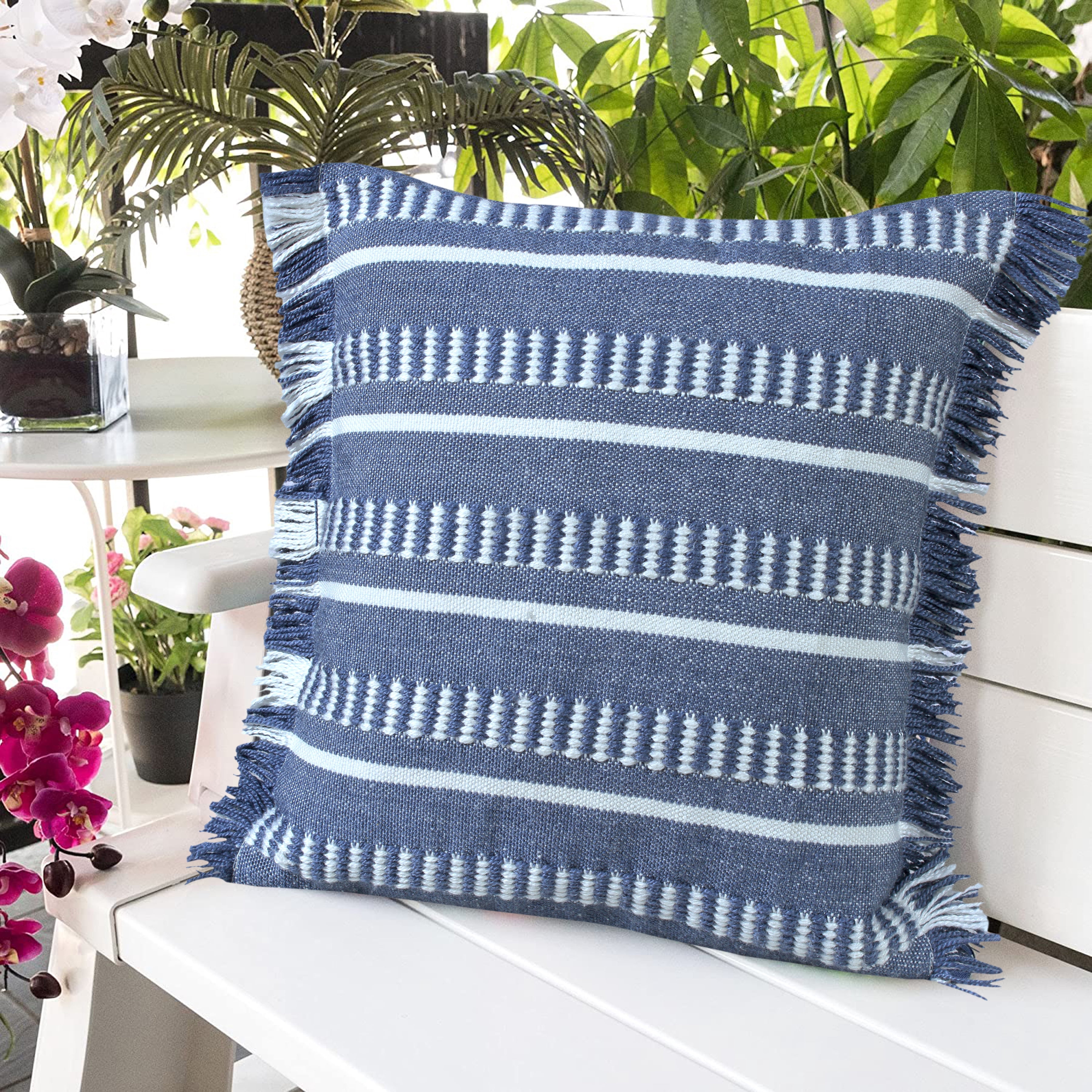 Ox Bay Bailey 20" x 20" Navy/White Striped Indoor/Outdoor Adult Decorative Throw Pillow