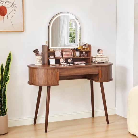 WIRRYTOR Mid-century Modern Makeup Vanity Desk with LED Lighted Mirror, Walnut Dressing Table with Sliding Doors and Storage Drawers for Bedroom