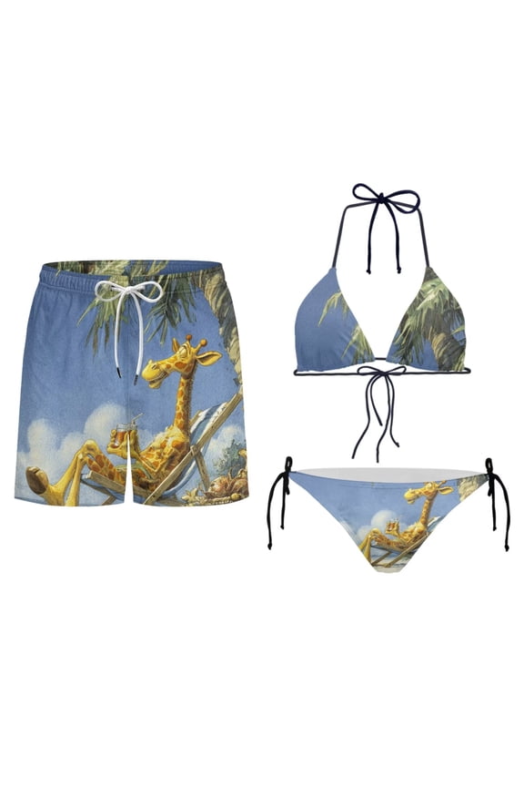 Giraffe Palm Matching Bathing Suits for Couples Lightweight Quick Dry Swim Trunks Men & Adjustable Bikini Sets Women