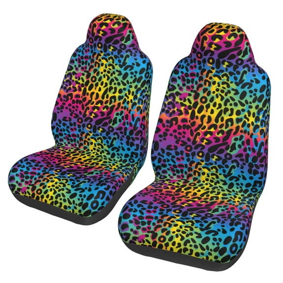 TEQUAN Front Seat Covers, Rainbow Leopard Print Neon Animal Pattern 2 Piece Car Seat Cover Fit Most Car SUV Truck Van
