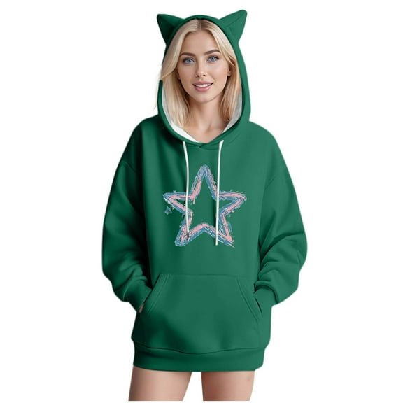 SwiftWear Women's Star Print Cute Cat Ear Hoodie Soft Pullover Hooded Tops with Front Pockets, Animal Themed Casual Wear Army Green