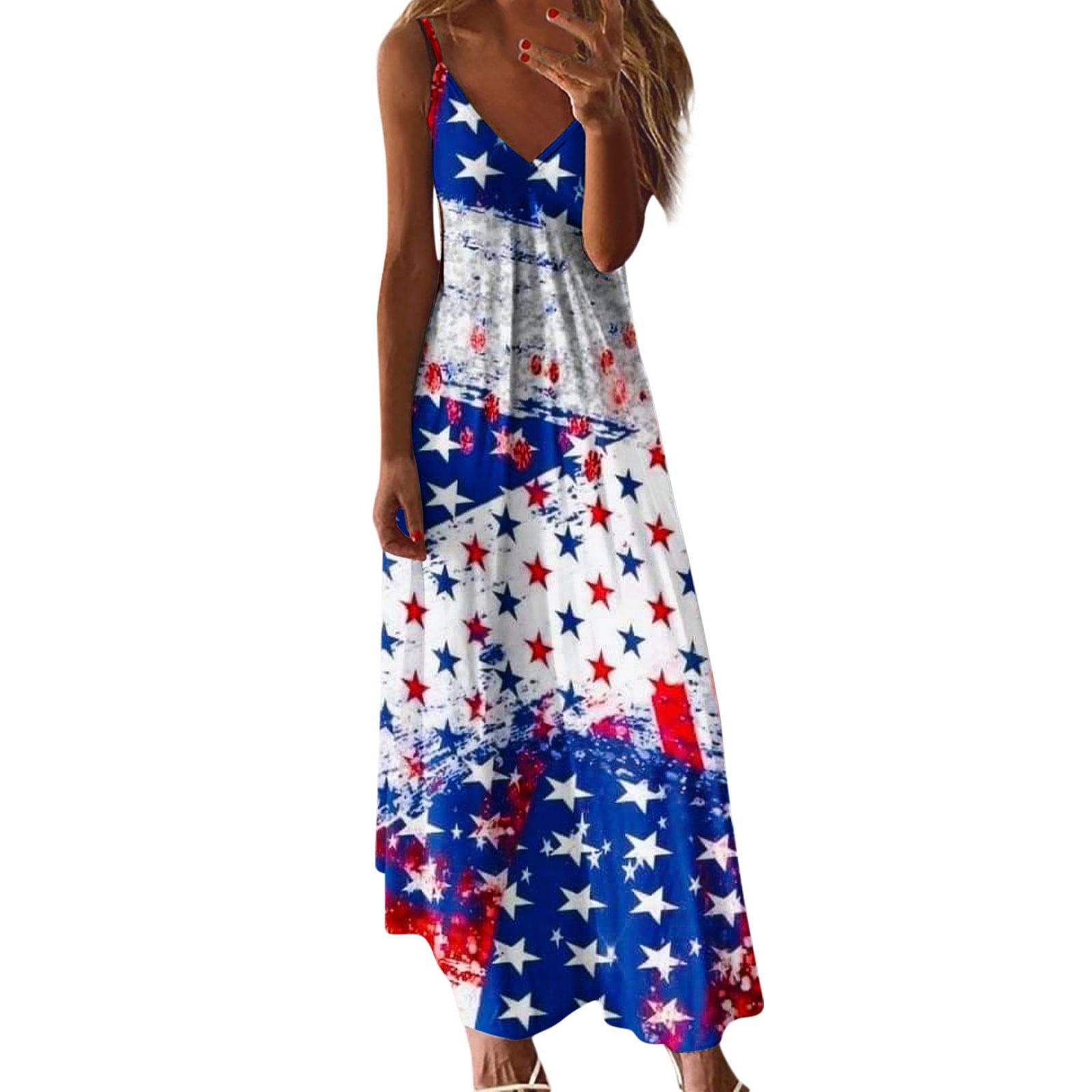 REORIAFEE Womens 4th of July Flag Floral Print Dress Sundress Plus Size ...