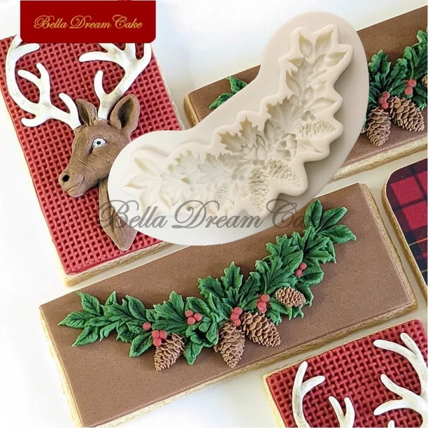 Molde de silicona con forma de corona de hojas de Reno/3D pino de Navidad, molde de Chocolate Fondant, modelo de arcilla DIY, herramientas de decoración de pasteles, utensilios para hornear