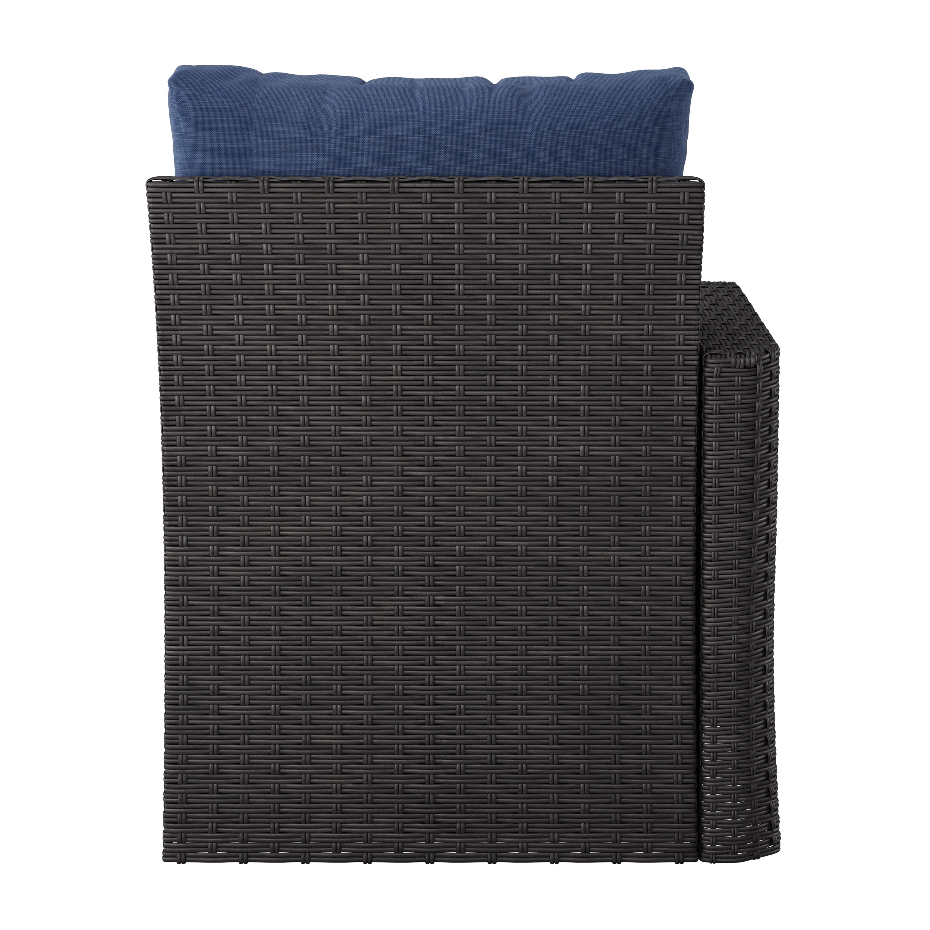 CorLiving Brisbane Rust-Resistant Resin Wicker and Steel Left Arm Outdoor Patio Sectional Piece with Cushions, Charcoal Grey/Navy Blue