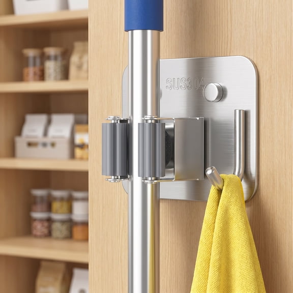 Stainless Steel Mop and Broom Holder Wall Mount – Heavy Duty Organizer Rack with Adhesive or Screw Installation, Utility Hook for Garage, Laundry, Closet, Garden (Multi-Pack)