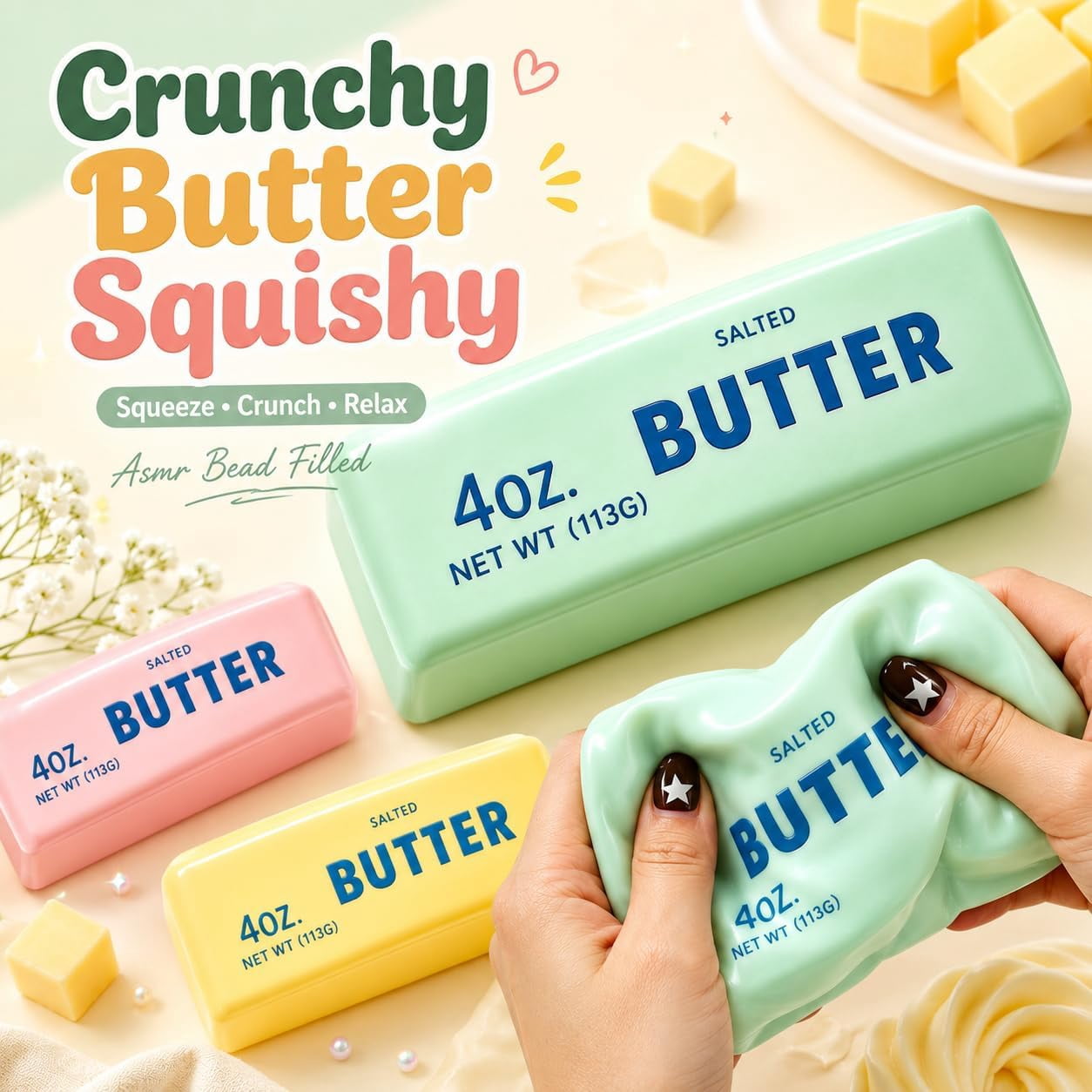 Crunchy Butter Squishy Asmr Bead Filled, Slow Rising Squeeze | Crunchy Butter Squishies Realistic Food Stress Stick Rebound Calming Desk Decor Favor Gifts for Adults(Yellow Butter)