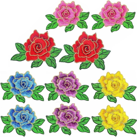 10pcs 3D Rose Embroidered Patches Roseflower Sew On/Iron On Patch Applique Flower Embroidery Appliques Embellishments for DIY Jeans Jackets Bags Clothes Sewing Crafts, 5 Colors