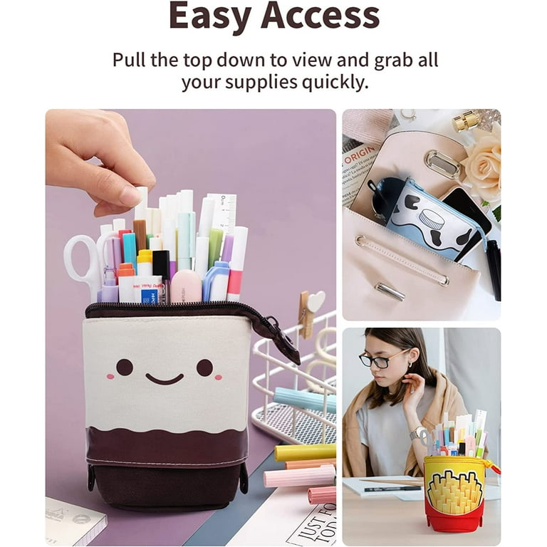 Sooez Standing Pencil Case Cute Coffee Latte Pop Up Pencil Case Durable Pen Pouch Telescopic Pencil Holder Kawaii Stand Up Pencil Case Spacious