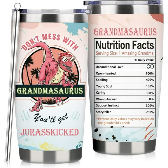 Best Grandma Gifts From Grandson Funny Travel Tumbler Gifts for Grandma From Granddaughter Christmas Birthday Presents From Grandchildren -20oz Dinosaur Grandma Water Cup With Straw and Lip