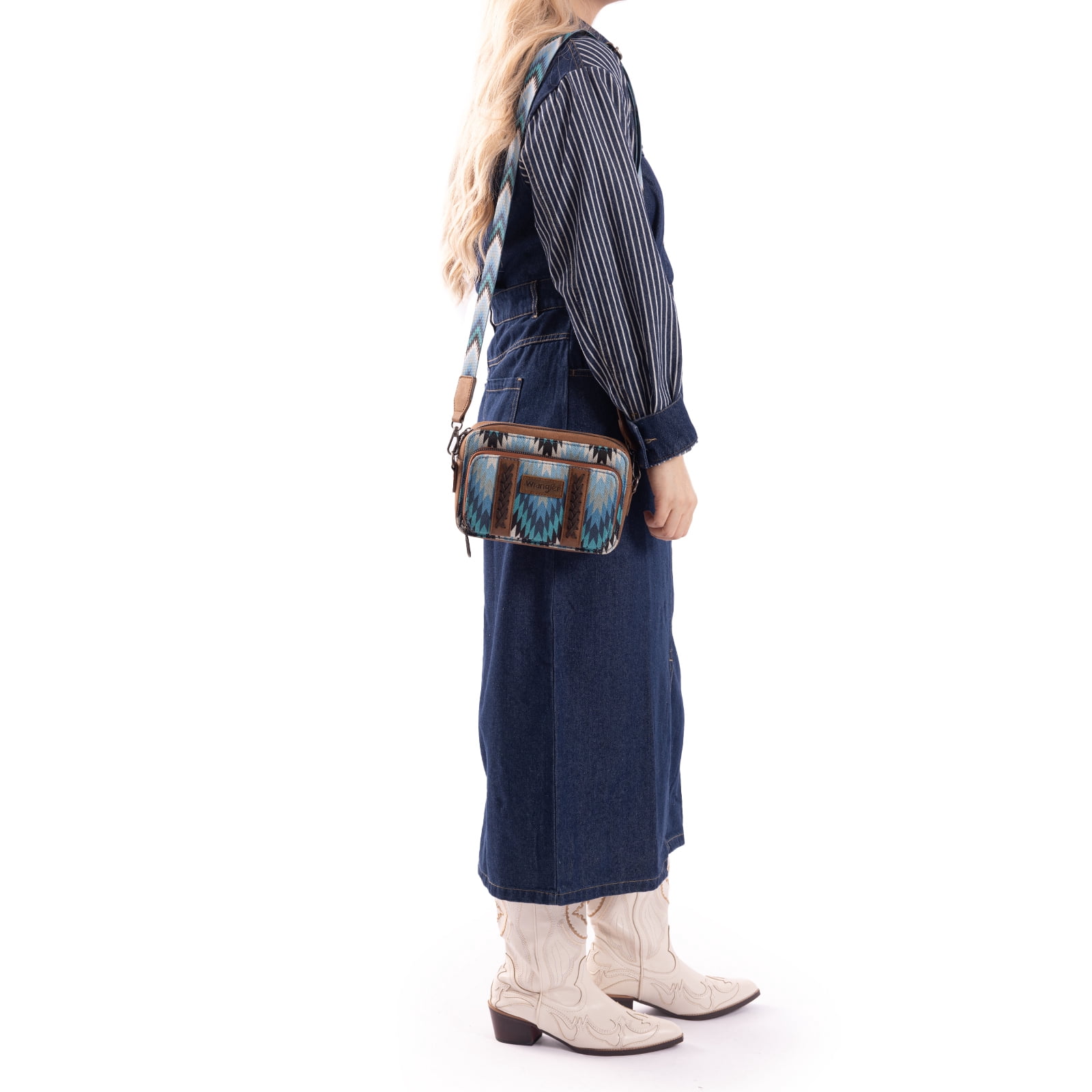 Wrangler Aztec Crossbody Bag for Women Multi Pocket Shoulder Bag Boho Cross Body Wallet Purse, Aztec-Jean