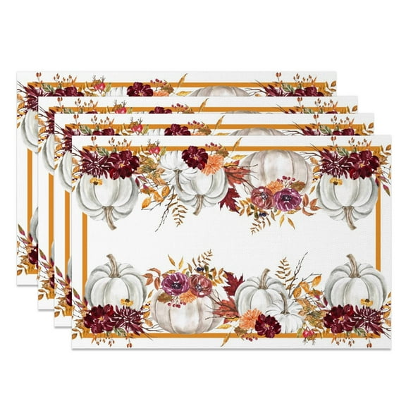 SUNOLIFE Fall Pumpkins Placemats Set of 4,Autumn Thanksgiving Fabric Table Place Mats 12x18 inch