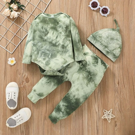 

Leutsin Toddler Girls Kids Jumpsuit One Piece Newborn Baby Boys Girls Tie-dye Ribbed Long-sleeved Pants Three-piece Suit