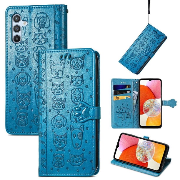 Funda Cartera FOXDOCK para Samsung Galaxy A14 4G , Flip PU con Relieve de Gatos y Perros, Tarjetero y Soporte