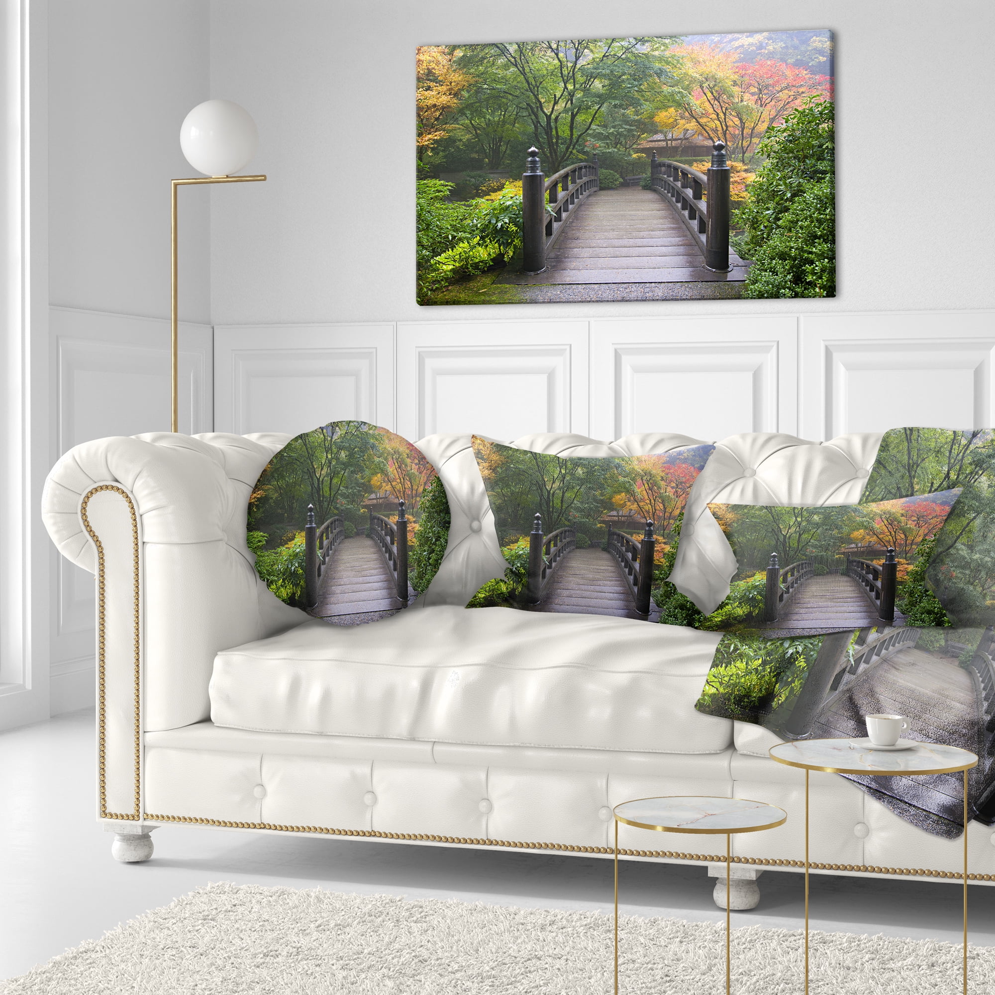 Designart Wood Bridge at Japanese Garden In Fall - Bridge Throw Pillow - 12x20