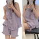 thumbnail image 5 of Conjunto de pijamas lindos mezcla de algodón Color puro sin mangas transpirable ropa de dormir cómoda para mujeres, 5 of 8