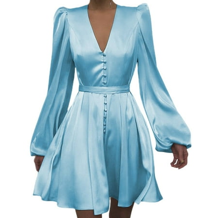 

Women Satin V-Neck Elegant Party Dress Ladies Lantern Long Sleeve Prom Dress