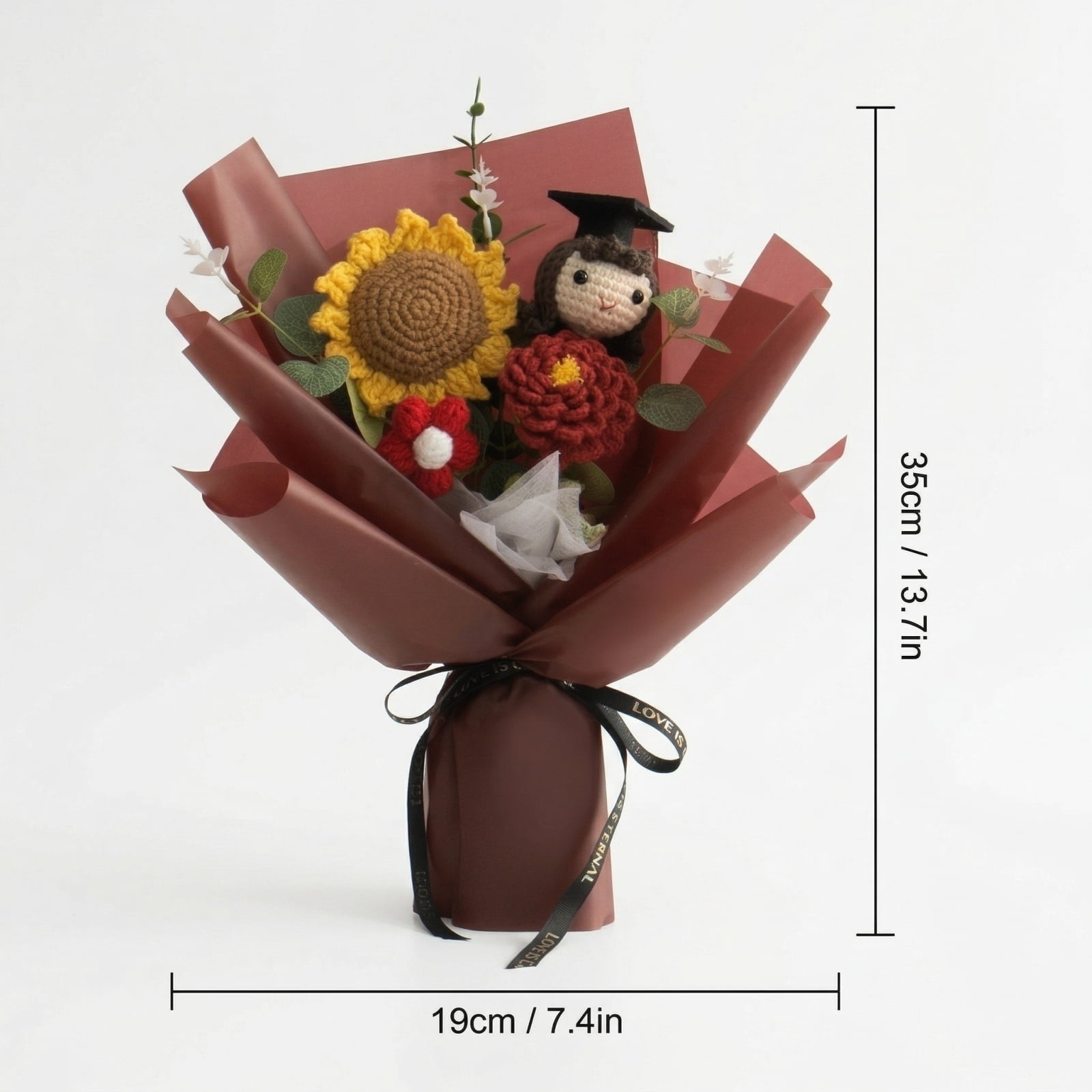 Handmade Crochet Sunflower Bouquet Graduation Cap Decorations Graduation Gifts Crochet Flower Bouquet with Brown Floral Wrapping Paper and Graduation Ribbon for Graduation Decor