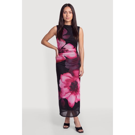 Women's Sleeveless Mock Neck Ruched Floral Mesh Maxi Dress