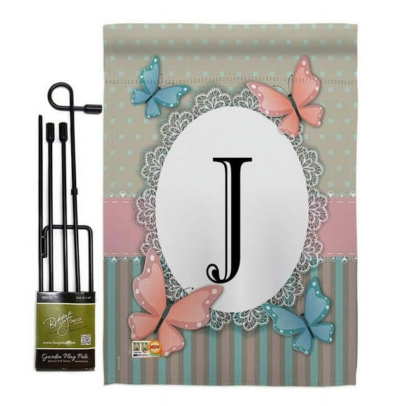 Breeze Decor BD-BG-GS-130140-IP-BO-D-US14-BD 13 x 18.5 in. Butterflies J Initial Garden Friends Bugs & Frogs Impressions Decorative Vertical Double Sided Flag Set with Banner Pole