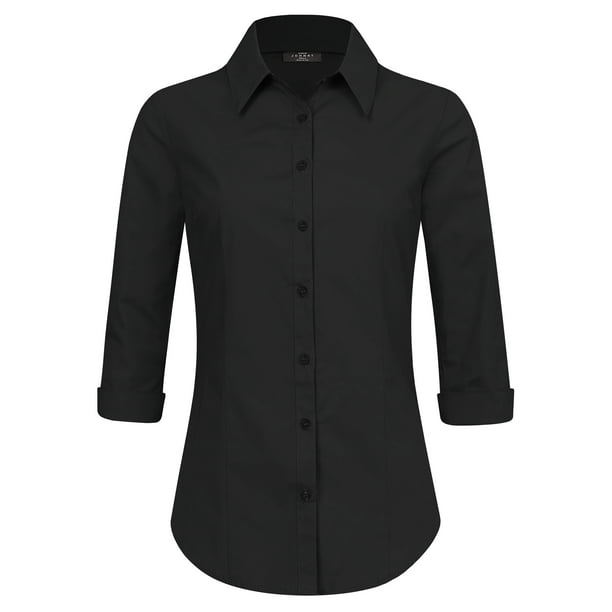 Made by Johnny Women's 3/4 Sleeve Tailored Button Down Shirts S BLACK ...