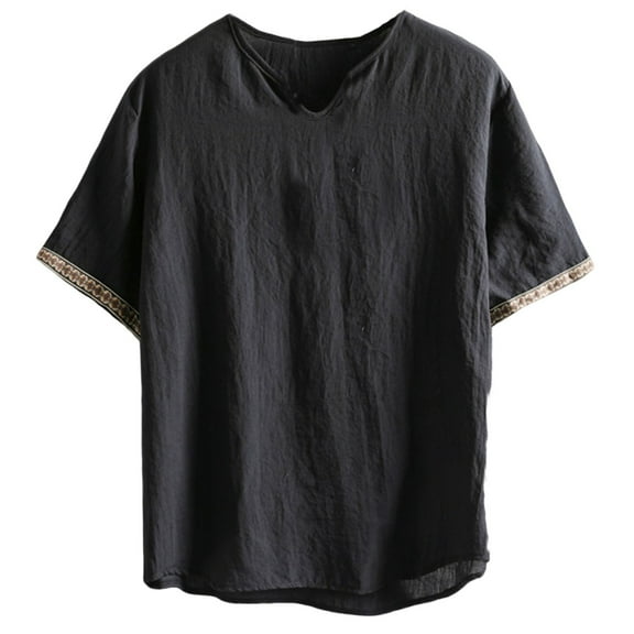 Mens Plus Size Cotton Linen Shirt Henley Short Sleeve Workout Top Loose Fit Solid Breathable Relaxed T-Shirts