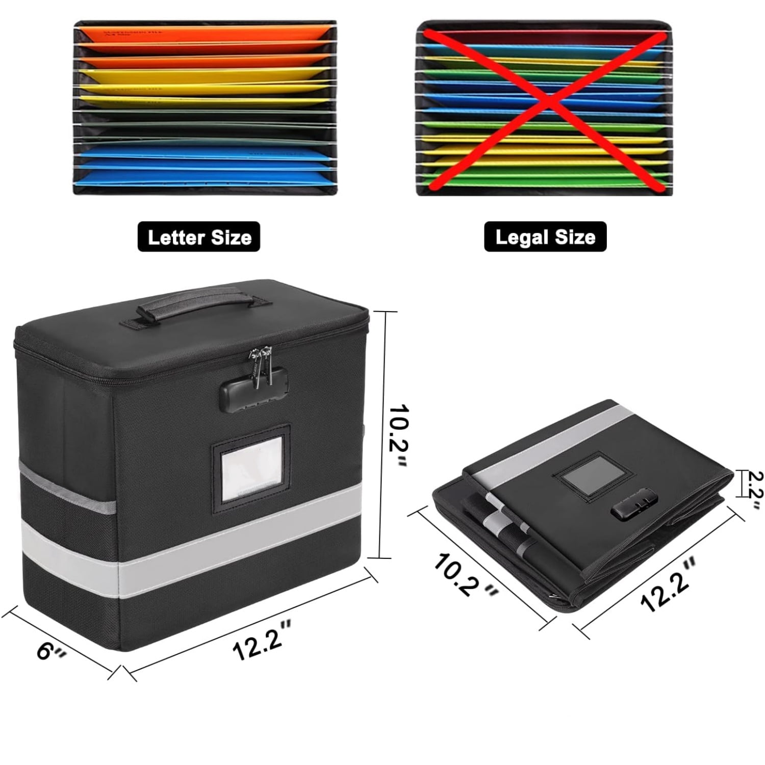"Fireproof File Box with Lock, Document Box Storage Organizer, Suitable for Hanging File Folders in Letter Size, Collapsible File Box, Reflective Strip for Fast Find (12.2""*6""*10.2 (Black, 2Pcs) "