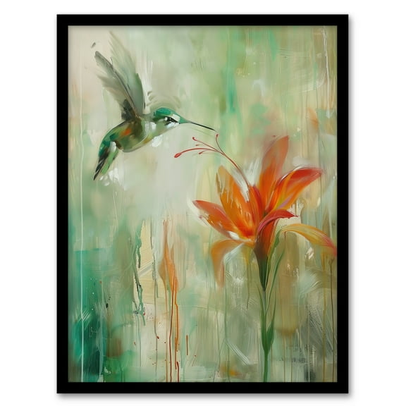 Artery8 Daylily Flower Hummingbird Orange Green Painting Living Room Art Print Framed Poster Wall Decor 12x16 inch