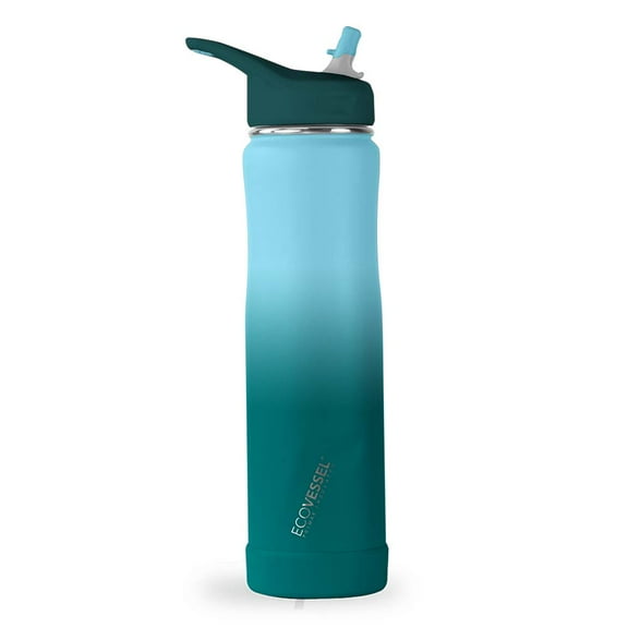 EcoVessel SUMMIT, TriMax® Insulated Stainless Steel Water Bottle with Flip Straw Lid and Silicone Bottle Bumper – 24 oz (Ombre Forest Horizon)