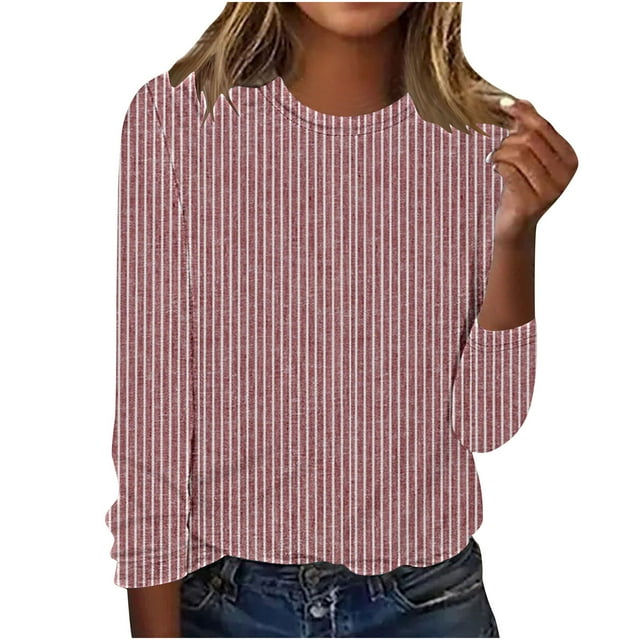 Lenpel T-Shirts pour Femmes Mode Automne Manches Longues Col Rond Rayé Tee Basique Hauts Blouses Décontractées Amples (Rose, TG)