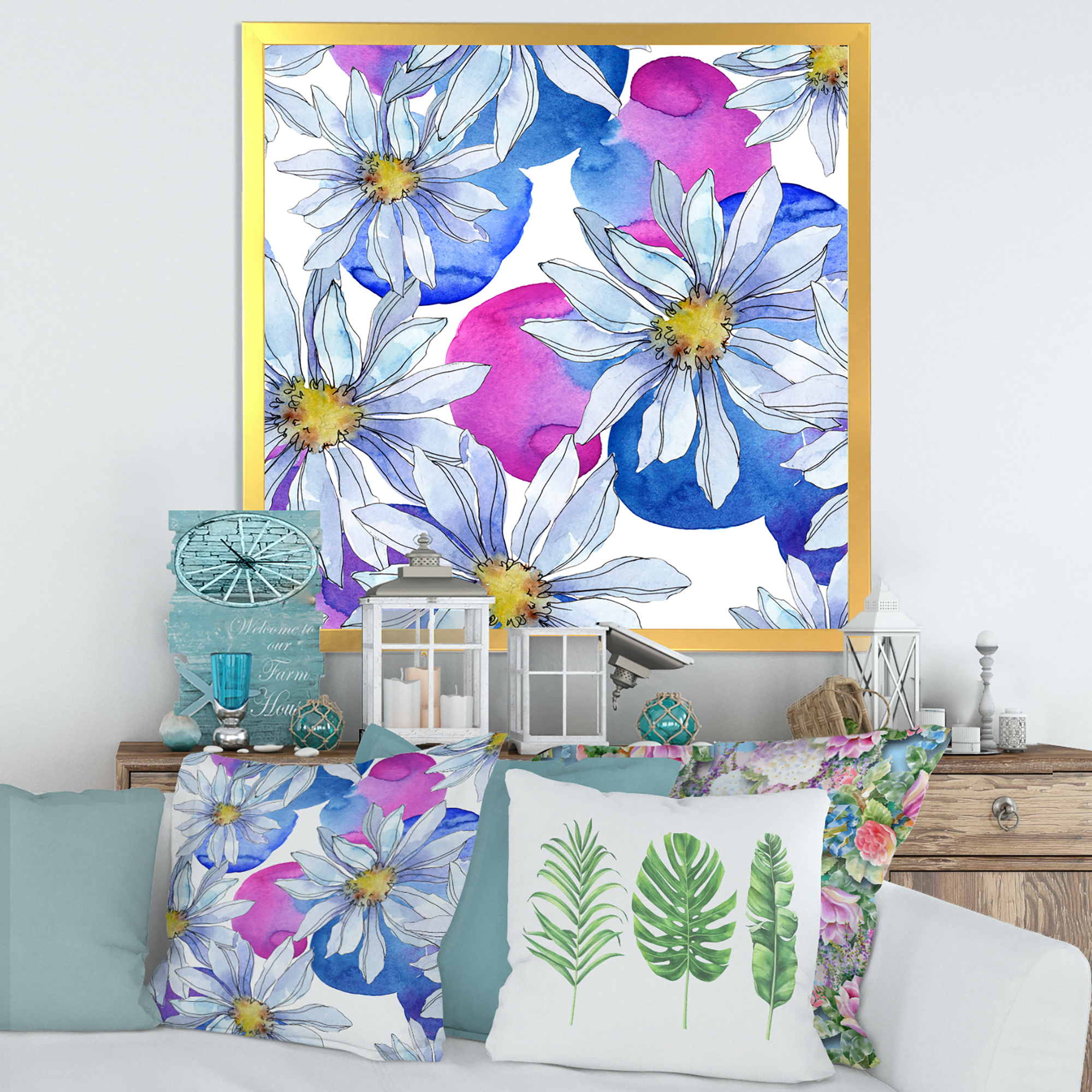 Designart 'Daisies On Red and Blue Backgorund' Traditional Framed Art Print