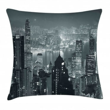 City Decor Throw Pillow Cushion Cover, Aerial Night of View Hong Kong Skyline Famous Modern Urban Town Metropolis Panorama, Decorative Square Accent Pillow Case, 24 X 24 Inches, Grey, by Ambesonne