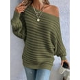 thumbnail image 3 of Womens Fall Sweaters Off the Shoulder Batwing Sleeve Textured Knit Tops Oversized One Shoulder Sweater  Green L, 3 of 8