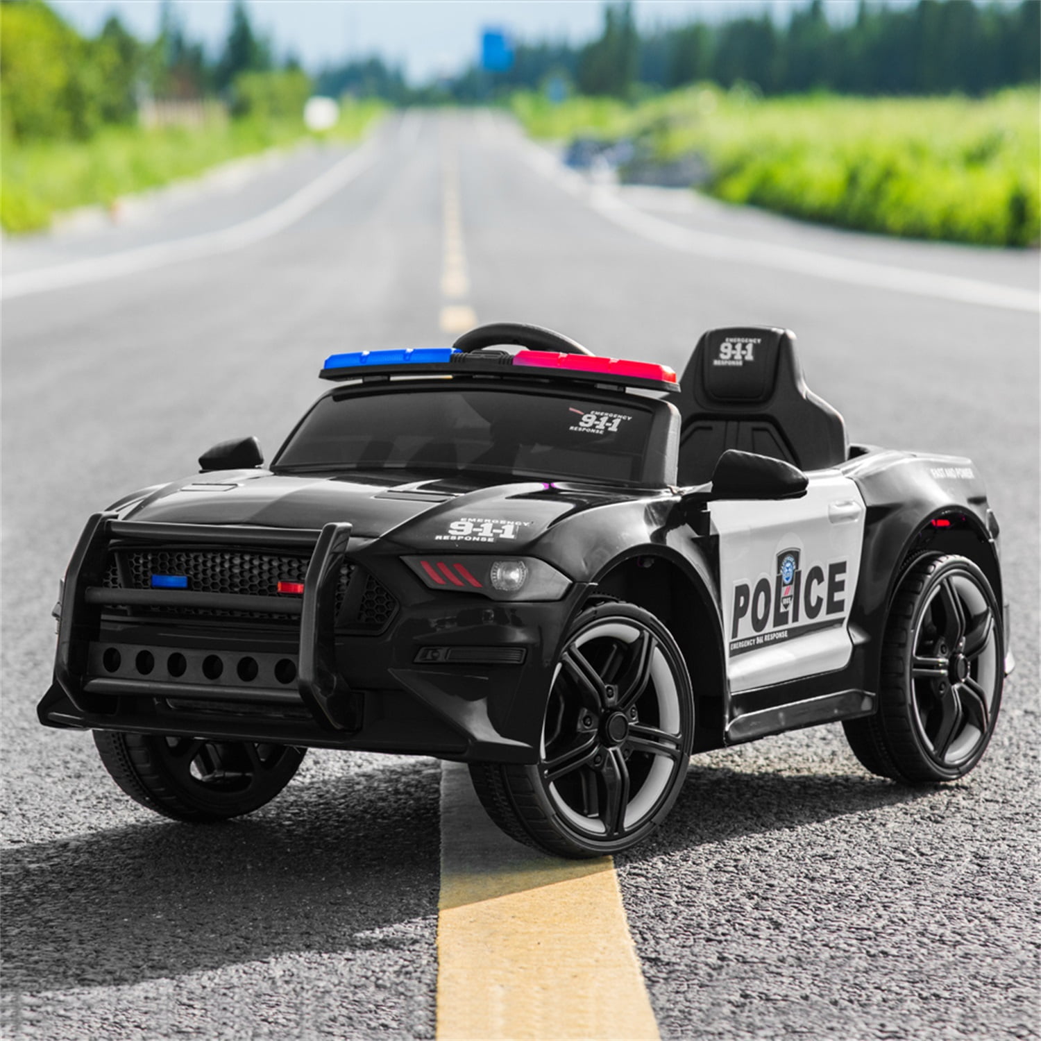 CIPACHO 12V Kids Ride On Car, Police Sports Car with 2.4GHZ Remote Control, LED Lights, Siren, Microphone, Black