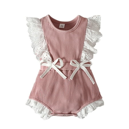 

Toddler Kids Girls Ribbed Soild Fly Sleeves Bowknot Romper Jumpsuit Cloths Summer Baby Clothes Rompers Little Girls