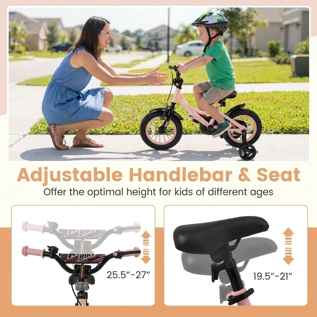 Redsmile 12 Inch Kids Bike for Boys Girls Ages 3-8, Adjustable Toddler Bicycle with Removable Training Wheels, Handbrake and Coaster Brake, 145 lb Kids Bike, Pink