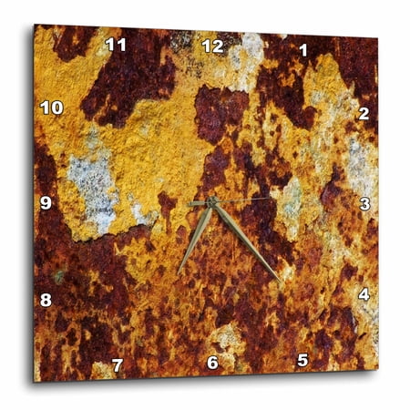 3drose, Rusted Yellow, Red, and White Distressed Metal Wall, 10x10 Wall Clock