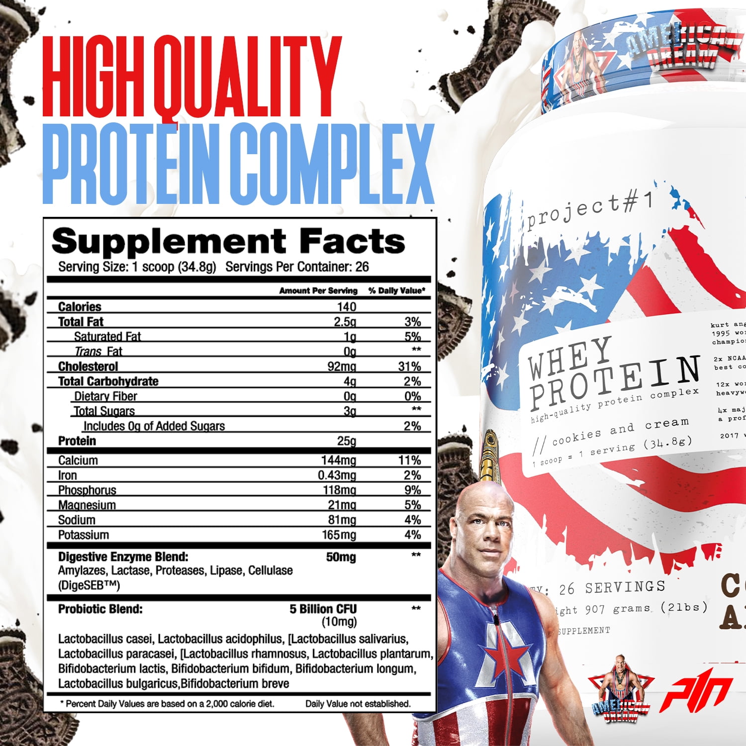 Project #1 Whey Protein Plus Powder: 25g, Muscle Growth & Recovery, Cookies & Cream Flavor, 27 Serv