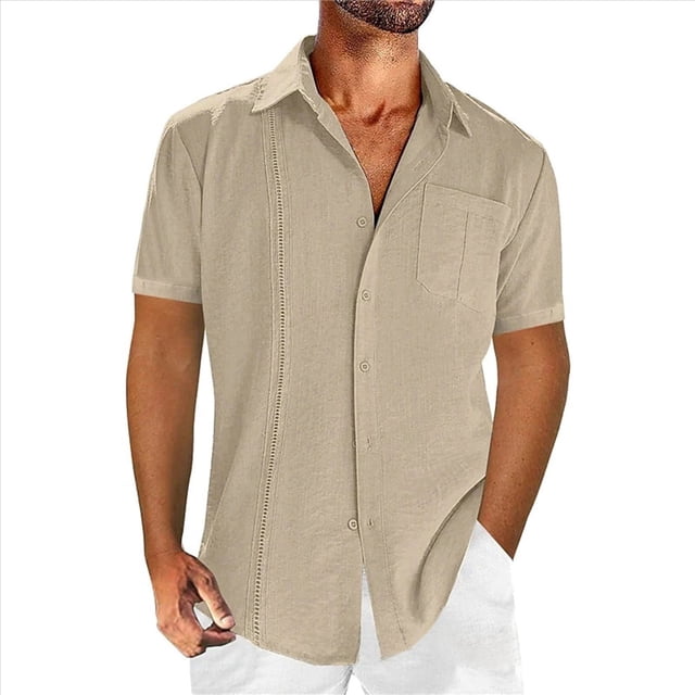 Camisas de Corta con Botones para Hombre, Camisas Casuales de Moda para Playa y Verano. Caqui S