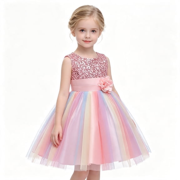Toddler Girls Sparkly Sequin Rainbow Tulle Dress Soft Cotton Lining Flower Waist Princess Gown for Special Occasion Photoshoot Halloween
