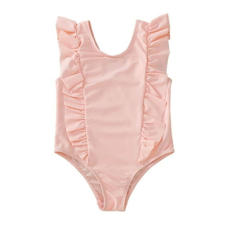 

YWDJ 1-6years Toddler Kids Girls Swimsuit One-piece Suit Summer Beach Solid Swimwear Pink 120