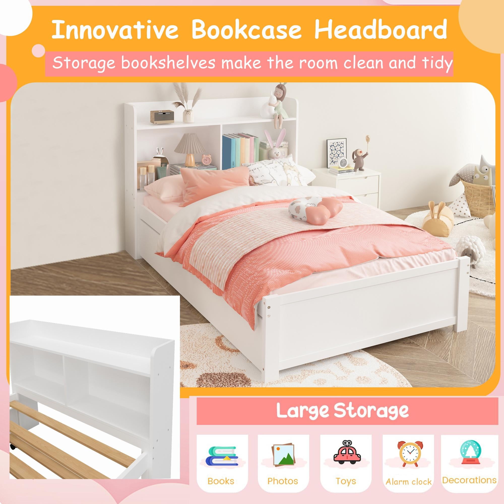 HSUNNS Twin Bed Frame with Trundle and Storage Bookcase, Modern Platform Twin Bed Frame for Girls and Boys, Solid Wood Trundle Bed with Headboard and Footboard, No Box Spring Needed, White