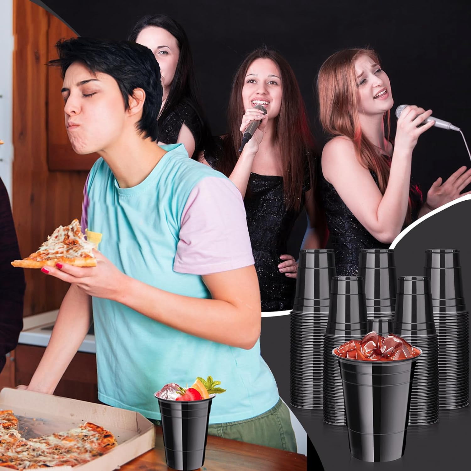 100 Pack Black Plastic Cups 16 oz Disposable for Party Heavy Duty Drinking Halloween Cup Wedding Birthday Beer Taste Serving Snack Sample Tastings Barbecues Picnic